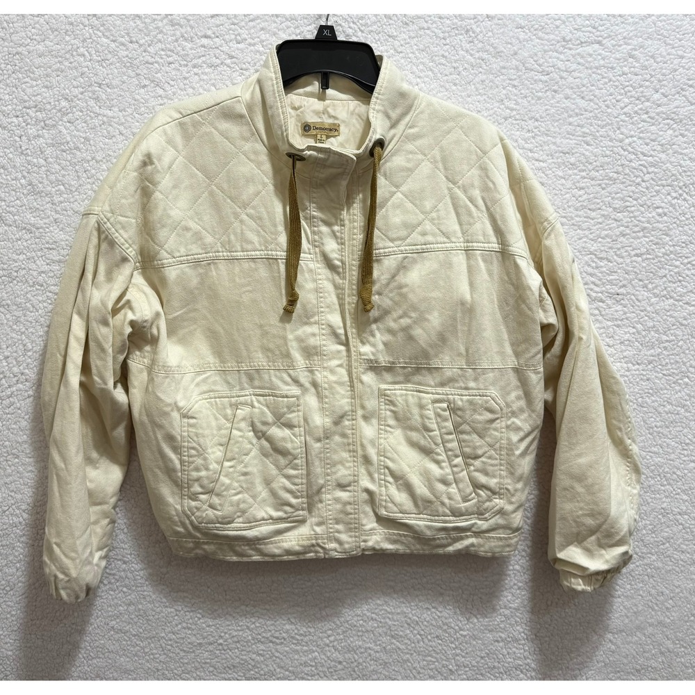 Democracy Quilted Cream Utility Jacket Size L Drawstring Collar Zip Front